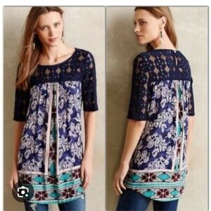 Anthropologie Akemi Kin Floral Lace Tunic Dress Top Blouse Navy Blue Size S